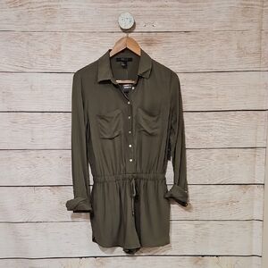 💟 Forever 21 Olive Green Utility Romper Long Sleeve Button Front Draw String S